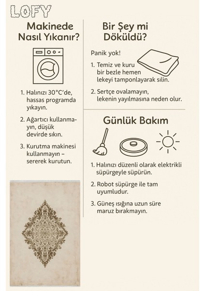 Makinede Yıkanabilir Kaymaz Krem Halı – Osmanlı Desenli | Robot Süpürge Uyumlu | 80 x 150