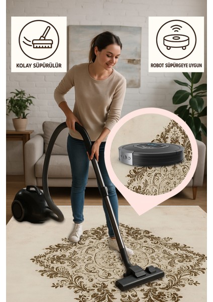 Makinede Yıkanabilir Kaymaz Krem Halı – Osmanlı Desenli | Robot Süpürge Uyumlu | 80 x 150