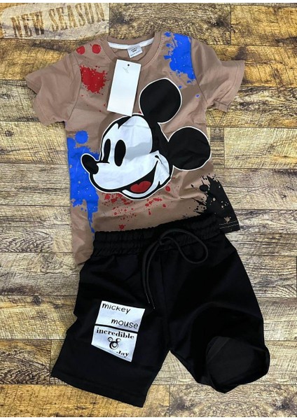 Mickey Detaylı Çocuk Yazlık Tarz Şortlu Takım