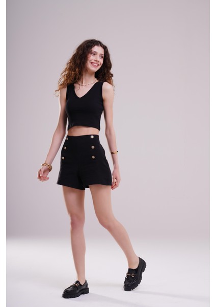 Kadın Siyah V Yaka Fitilli Crop Top Atlet – Zamansız ve Şık Basic Parça