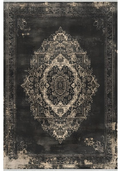 Eskitilmiş Siyah Vintage Medallion Halı – Bej ve Siyah Detaylı, Yıkanabilir, Kaymaz Tabanlı