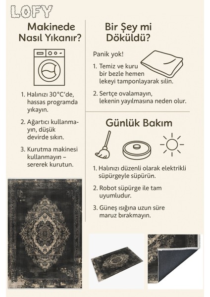 Eskitilmiş Siyah Vintage Medallion Halı – Bej ve Siyah Detaylı, Yıkanabilir, Kaymaz Tabanlı
