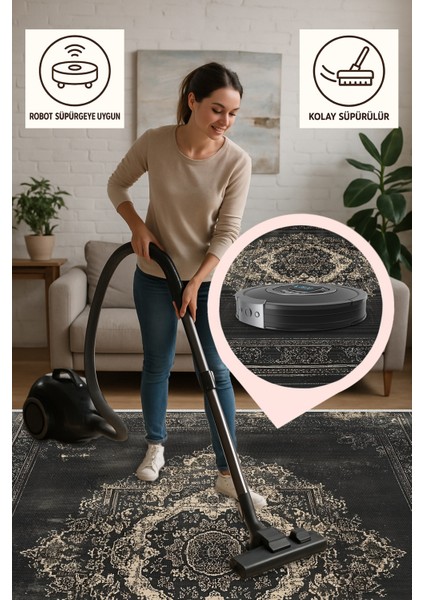 Eskitilmiş Siyah Vintage Medallion Halı – Bej ve Siyah Detaylı, Yıkanabilir, Kaymaz Tabanlı
