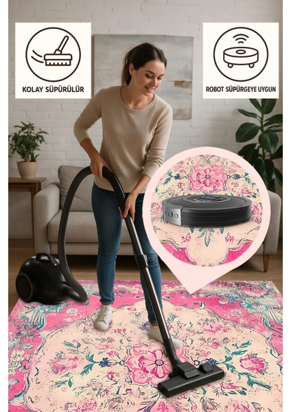 Vintage Çiçekli Madalyon Halı - Pembe ve Fildişi - Makinede Yıkanabilir ve Evcil Hayvan Dostu