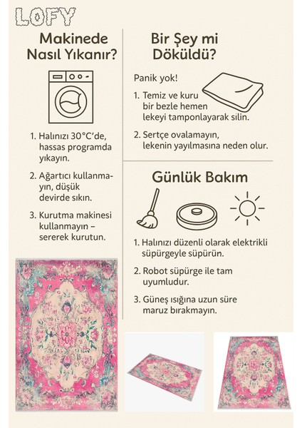 Vintage Çiçekli Madalyon Halı - Pembe ve Fildişi - Makinede Yıkanabilir ve Evcil Hayvan Dostu
