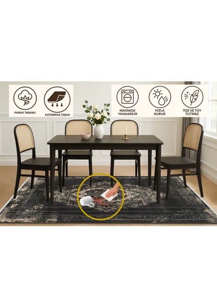 Eskitilmiş Siyah Vintage Medallion Halı – Bej ve Siyah Detaylı, Yıkanabilir, Kaymaz Tabanlı