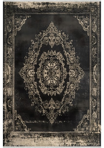 Siyah Eskitme Desenli Halı – Yıkanabilir, Kaymaz, Evcil Hayvan Dostu, Klasik Stil