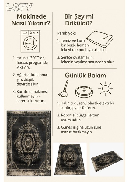 Siyah Eskitme Desenli Halı – Yıkanabilir, Kaymaz, Evcil Hayvan Dostu, Klasik Stil
