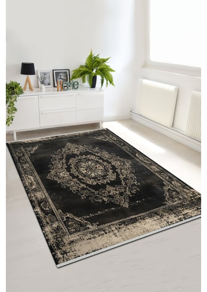 Siyah Eskitme Desenli Halı – Yıkanabilir, Kaymaz, Evcil Hayvan Dostu, Klasik Stil