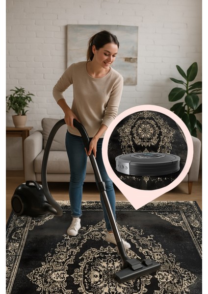 Siyah Eskitme Desenli Halı – Yıkanabilir, Kaymaz, Evcil Hayvan Dostu, Klasik Stil