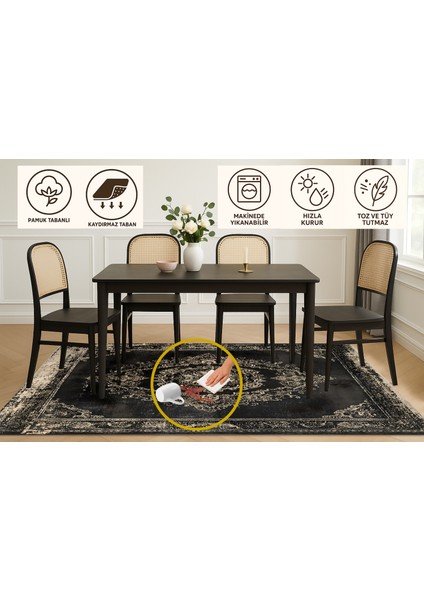 Siyah Eskitme Desenli Halı – Yıkanabilir, Kaymaz, Evcil Hayvan Dostu, Klasik Stil