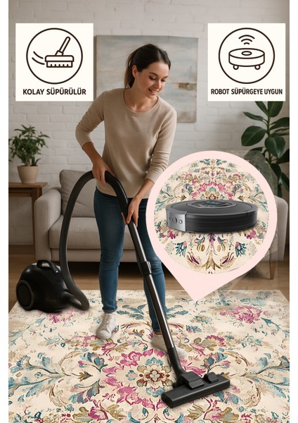 Vintage Çiçek Desenli Halı Eskitme Görünümlü, Makinede Yıkanabilir, Kaymaz Tabanlı