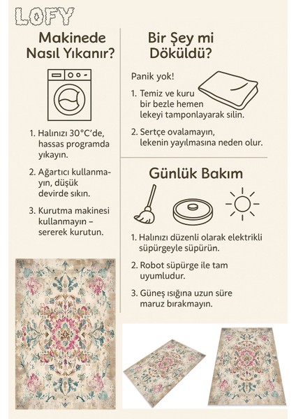 Vintage Çiçek Desenli Halı Eskitme Görünümlü, Makinede Yıkanabilir, Kaymaz Tabanlı