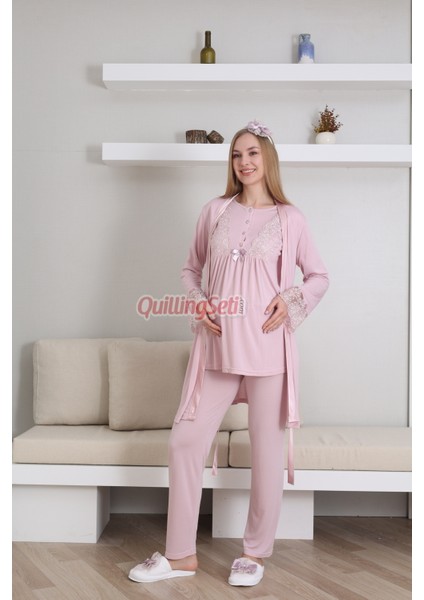Sabahlıklı ve Dantel Detaylı 3 Parça Erdeniz 3434 Pudra Renk Lohusa - Hamile Pijama Takımı