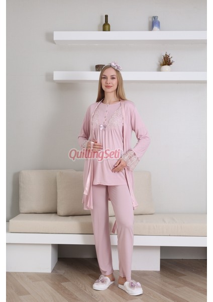 Sabahlıklı ve Dantel Detaylı 3 Parça Erdeniz 3434 Pudra Renk Lohusa - Hamile Pijama Takımı fiyatları