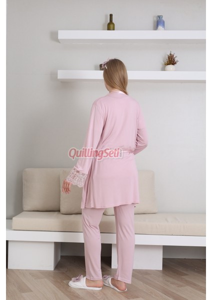 Sabahlıklı ve Dantel Detaylı 3 Parça Erdeniz 3434 Pudra Renk Lohusa - Hamile Pijama Takımı modelleri