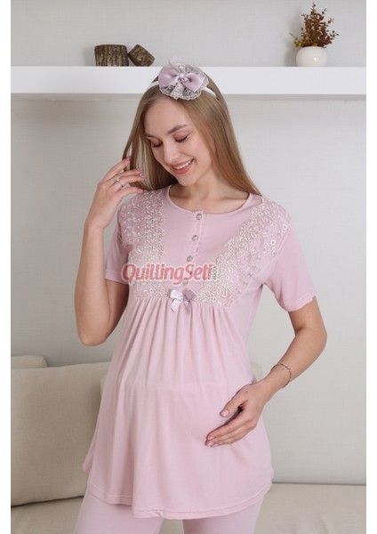 Sabahlıklı ve Dantel Detaylı 3 Parça Erdeniz 3434 Pudra Renk Lohusa - Hamile Pijama Takımı fırsatları