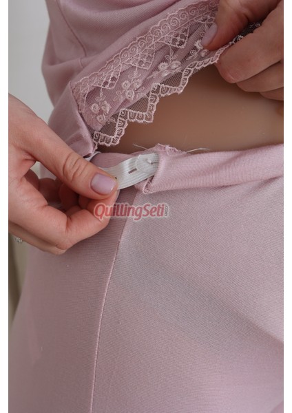 Sabahlıklı ve Dantel Detaylı 3 Parça Erdeniz 3434 Pudra Renk Lohusa - Hamile Pijama Takımı indirimleri