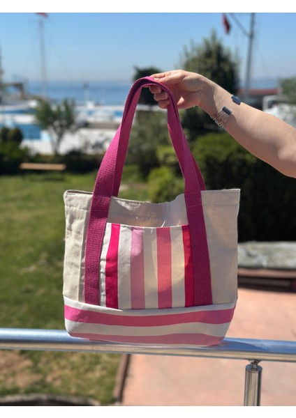 %100 Pamuk Kanvas Dokuma Çizgili Keten 3 Adet Cepli Omuz Çantası – Pembe /beyaz- 45*45*10- içi geniş cepli spor kumaş çanta