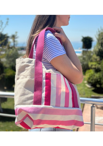 %100 Pamuk Kanvas Dokuma Çizgili Keten 3 Adet Cepli Omuz Çantası – Pembe /beyaz- 45*45*10- içi geniş cepli spor kumaş çanta modelleri