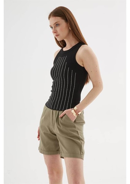 Taşlı Siyah Kadın Kolsuz T-Shirt 25Y0518K1