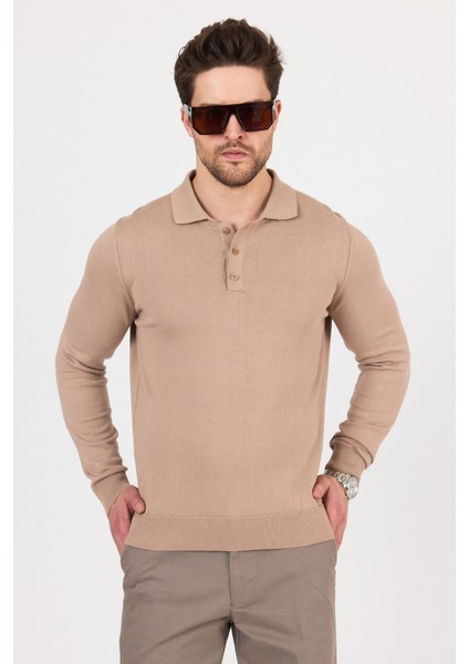 Saf Pamuk Camel Polo Yaka Triko Kazak