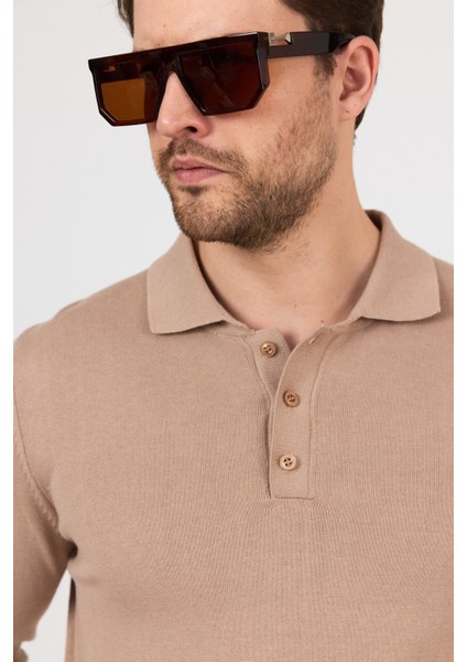 Saf Pamuk Camel Polo Yaka Triko Kazak