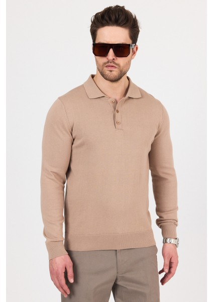 Saf Pamuk Camel Polo Yaka Triko Kazak