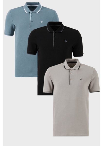 Pamuklu Slim Fit Şerit Detaylı Düğmeli Polo Yaka 3'lü Paket T Shirt Erkek T Shirt 5902118S3