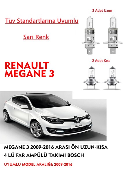 Megane 3 2009-2016 Arası Ön Uzun-Kısa 4 Lü Far Ampülü Takımı (Sarı Renk)