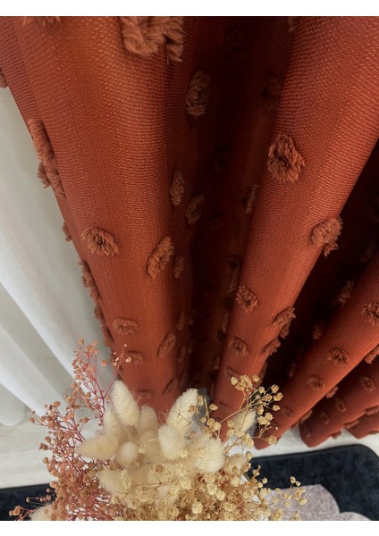 Kiremit Rengi Ponponlu Pufy Fon Perde 1/3 Sık Pile fiyatları