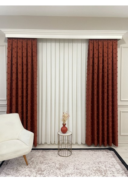 Kiremit Rengi Ponponlu Pufy Fon Perde 1/3 Sık Pile fırsatları