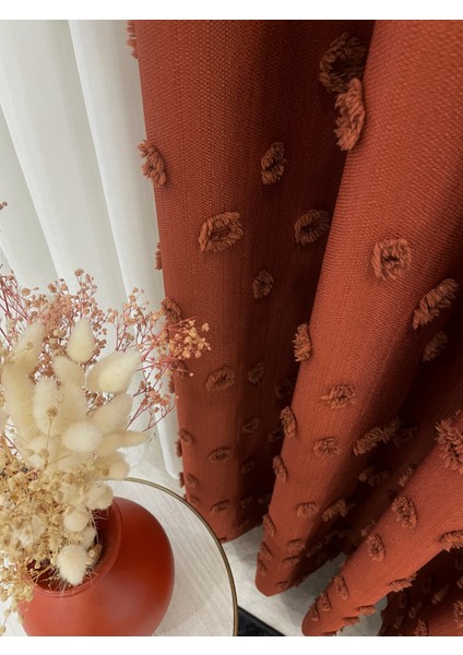 Kiremit Rengi Ponponlu Pufy Fon Perde 1/3 Sık Pile