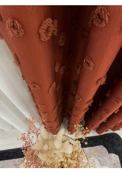 Kiremit Rengi Ponponlu Pufy Fon Perde 1/3 Sık Pile modelleri