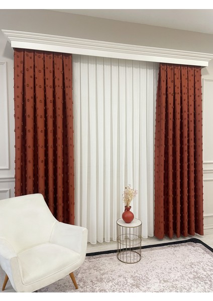 Kiremit Rengi Ponponlu Pufy Fon Perde 1/3 Sık Pile indirimleri