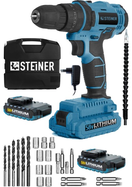 Germany Technology Darbeli 58 V 5 Ah Metal Şanzıman Çift Akü Şarjlı Vidalama Matkap Blue Set