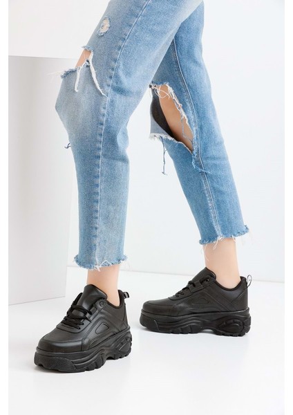 Kadın Siyah Spor Ayakkabı 6 Cm Yüksek Rahat Air Taban Günlük Sneaker X401