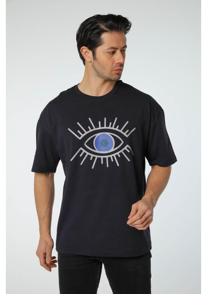 Baskılı Oversize Bisiklet Yaka T-Shirt