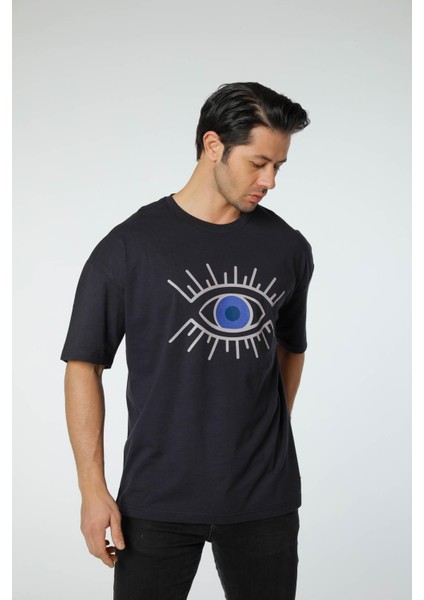 Baskılı Oversize Bisiklet Yaka T-Shirt