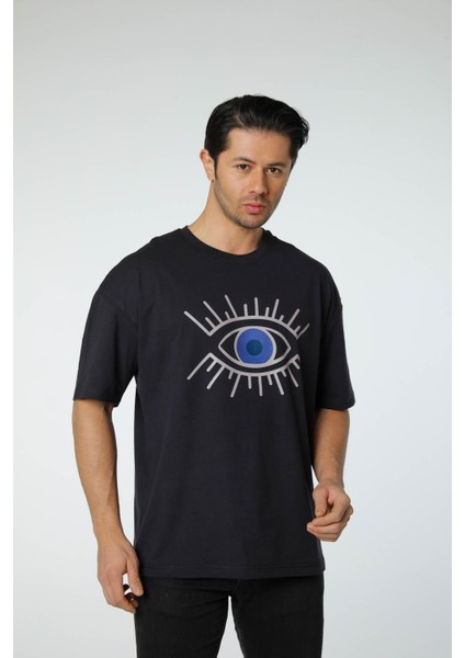 Baskılı Oversize Bisiklet Yaka T-Shirt