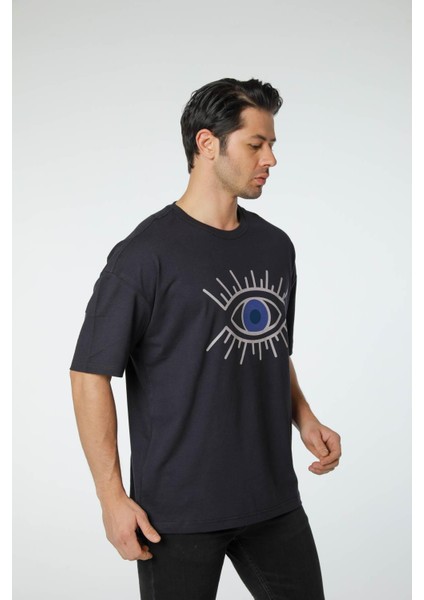 Baskılı Oversize Bisiklet Yaka T-Shirt