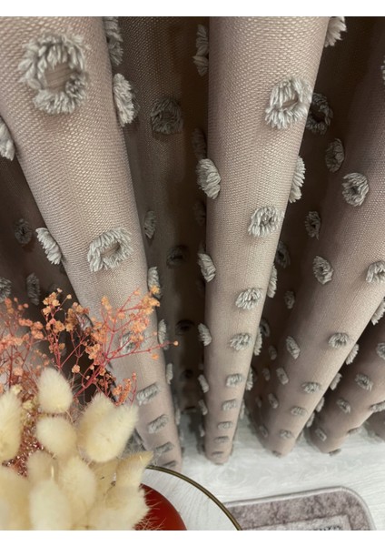 Vizon Renk Ponponlu Pufy Fon Perde 1/3 Sık Pile modelleri