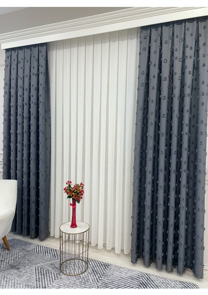 Koyu Gri Renk Ponponlu Pufy Fon Perde 1/3 Sık Pile indirimleri