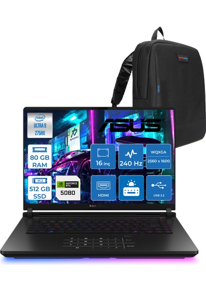 Rog Strix Scar 16 G635LW-RW141 Intel Core Ultra 9 275HX Aı 80GB GB 512GB 16GB/RTX5080 Gddr7 175W 16" 2.5k (2560X1600,WQXGA) 240Hz 3ms 1200NITS Freedos Laptop WSA141F33+ZETTAÇANTA