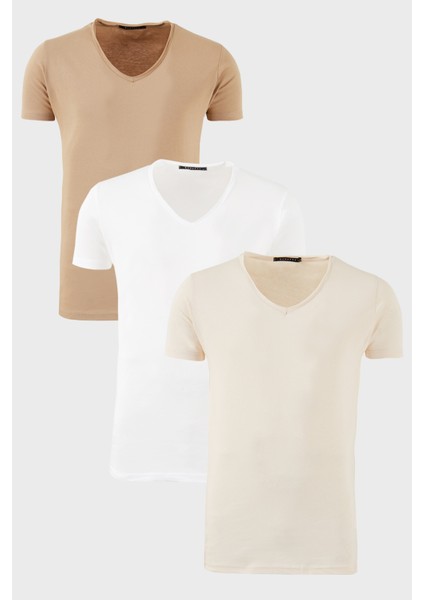 Pamuklu Slim Fit Bisiklet Yaka Baskılı 3'lü Paket T Shirt Erkek T Shirt 541S31