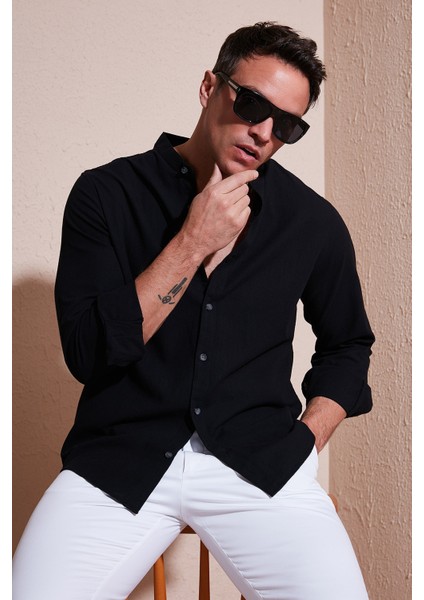 Keten Görünümlü Pamuklu Regular Fit Hakim Yaka Gömlek Erkek Gömlek CF25S112637