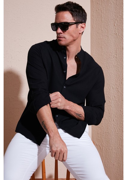 Keten Görünümlü Pamuklu Regular Fit Hakim Yaka Gömlek Erkek Gömlek CF25S112637 fiyatları