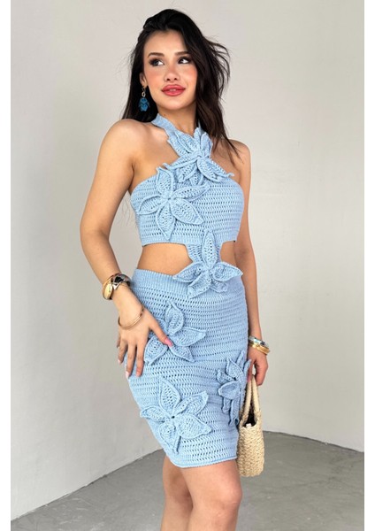TKM-13276 Bebe Mavi Çiçek Desenli Bluz Etek Örgü Ikili Takım