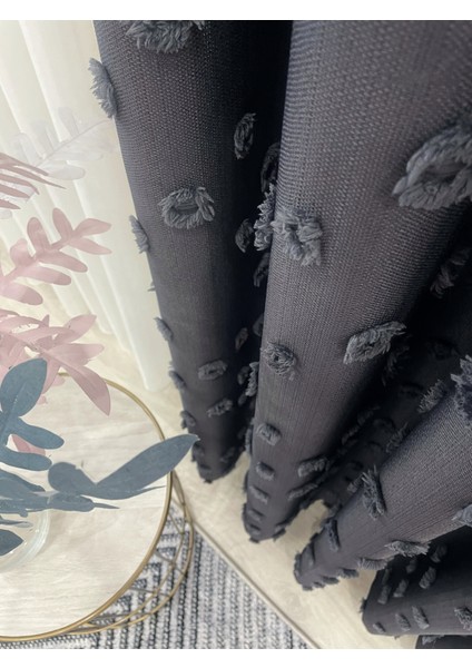 Antrasit Renk Ponponlu Pufy Fon Perde 1/3 Sık Pile