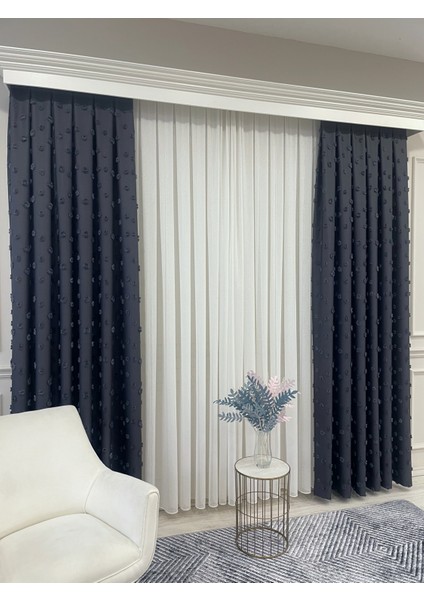 Antrasit Renk Ponponlu Pufy Fon Perde 1/3 Sık Pile indirimleri